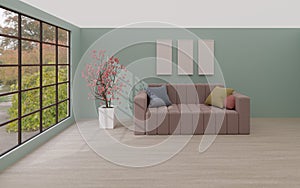 Bright room with a modern minimalist design. 3D illustration. Render