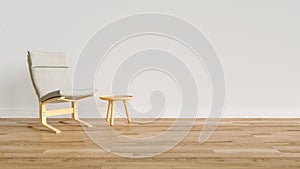 Bright room with parquet floor and a modern chair - 3D rendering