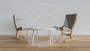 Bright room with parquet floor and two modern chairs - 3D rendering