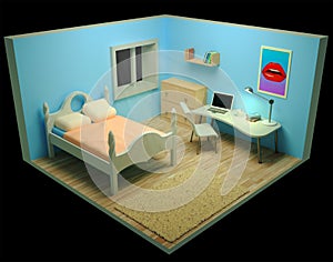 Bright room. Room interior. Workplace. Perspective view. 3D render