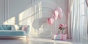 Bright room with window wall and blue sofa decorated with balloons, flowers, gift boxes. Natural light. Holiday background