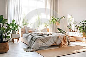 Bright room with wooden bed covered with grey bedding. Nordic interior design of modern bedroom with many green houseplants.
