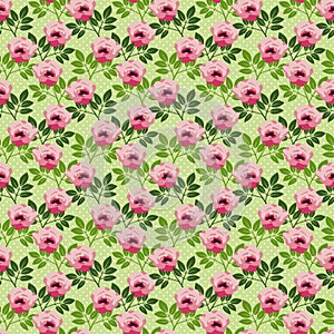 Bright roses on a green dotted background, seamless pattern 2