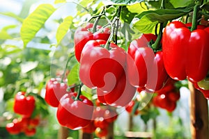 Bright rows of ripe red bell peppers sparkle in the warm sunlight inside a spacious greenhouse.