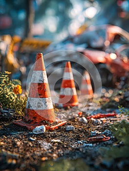Construction cone and debris at a damaged accident scene