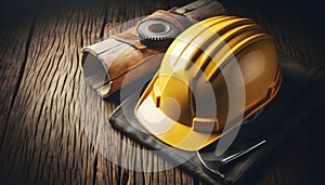 Bright safety helmet on textured wood table with left side open for personalized Labour Day text or graphics