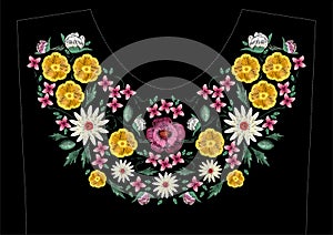 Bright satin stitch embroidery design with flowers. Folk line floral trendy pattern for dress neckline. Ethnic colorful