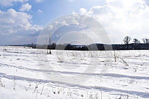 Bright scenic frosty magical winter landscape landmark in rural countryside field. Panoramic natural beautiful view of