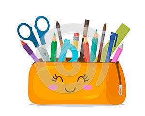 Bright school pencil case filled with school stationery such as pens, pencils, scissors, ruler, brushes. September 1 concept, go
