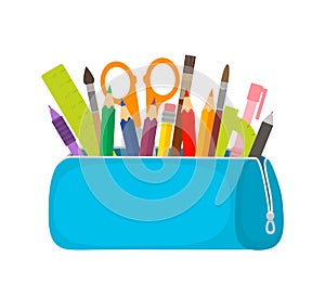 Bright school pencil case with filling school stationery such as pens, pencils, scissors, ruler, tassels. concept of September 1, photo
