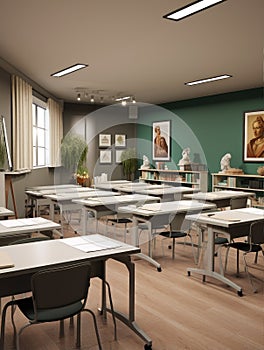 Bright school room with white desks, chairs and blackboard.