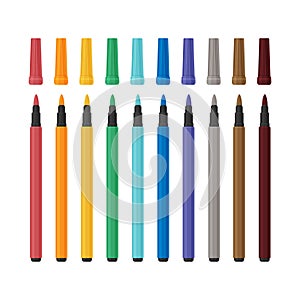 A bright school set of multi-colored markers, school objects and accessories for creativity and drawing. Stationery
