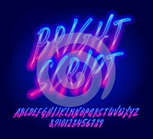 Bright Script alphabet font. Glowing neon letters and numbers.