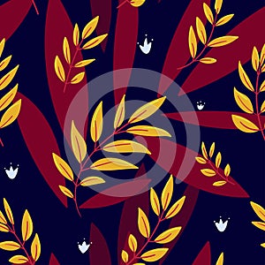 Bright seamless autumn pattern. Small yellow and large red leaves on a dark blue background. Hand-drawn natural pattern.