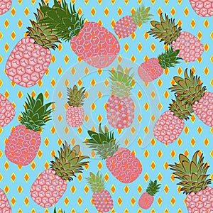 Bright seamless carmine pink with green pineapple pattern, on a light blue background with rhombuses