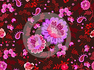Bright seamless floral ornament with bunch of flowers in folk style and little paisley on dark brown background. Print for fabric