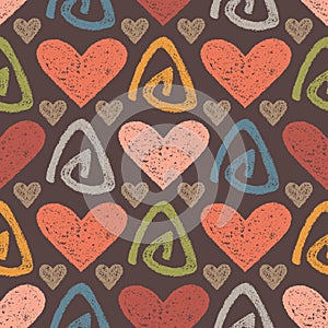 Bright Seamless Grunge Pattern of Hand-Drawn Hearts and Triangular Scribbles on Dark Background. Style of Children\'s Drawing