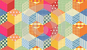 Bright seamless patchwork pattern. Childish quilt design.