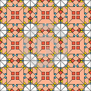 Bright seamless pattern of abstract geometric elements in ethnic style. A repeating tile of colored squares and rhombuses on an