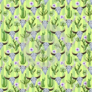 Bright Seamless pattern with cactus, succulent, skull, horns Boho plaid watercolor background.Perfect for wedding,invitation,