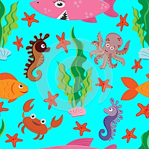 Bright seamless pattern of colored figures of marine life: large pink shark, fish, crab, octopus, seahorse, green algae
