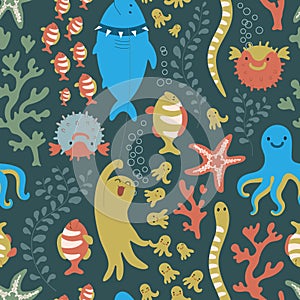 Bright seamless pattern with colorful fishes, sea stars and squids.