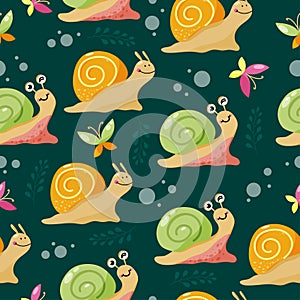 Bright seamless pattern with colourful cute snails