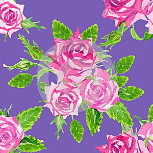 Bright seamless pattern on a dark purple background of delicate pink watercolor roses