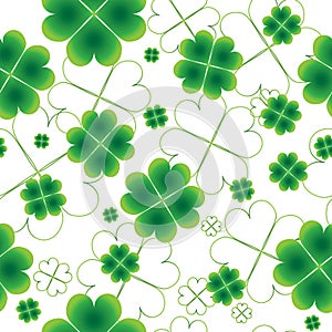 Bright seamless pattern with four-leaf clover on transparent background. St. Patrick`s day
