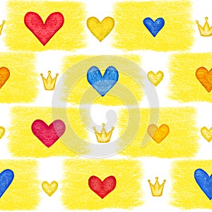 Bright seamless pattern with hearts and crowns for wrapping paper, background or fabric