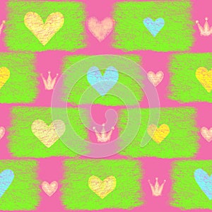 Bright seamless pattern with hearts and crowns for wrapping paper, background or fabric