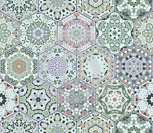 Bright seamless pattern of hexagonal tiles with vintage ornament