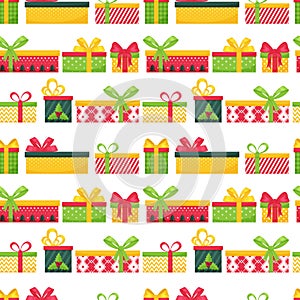 Bright seamless pattern with multi-colored gift boxes on a white background. Great for wrapping paper, gift boxes. Flat