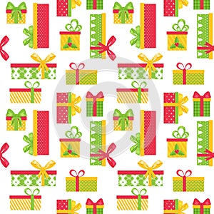 Bright seamless pattern with multi-colored gift boxes on a white background. Great for wrapping paper, gift boxes. Flat