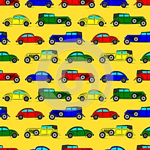 Bright seamless pattern with old fashioned vintage cars