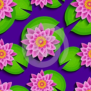 Bright seamless pattern with pink lotus and leaf