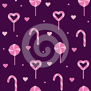Bright seamless pattern with pink sweets, candies, lollipops on a dark background. Cute vector print for birthday party