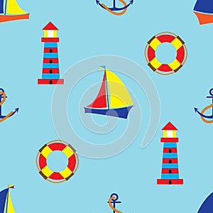 Bright seamless pattern with sea elements in doodle style.