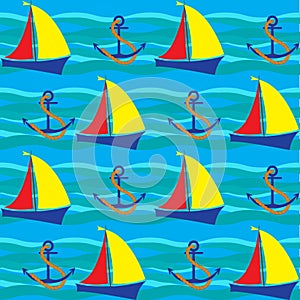 Bright seamless pattern with sea elements in doodle style.