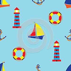 Bright seamless pattern with sea elements in doodle style.