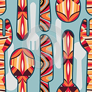 Bright seamless pattern with spoons, knives and forks