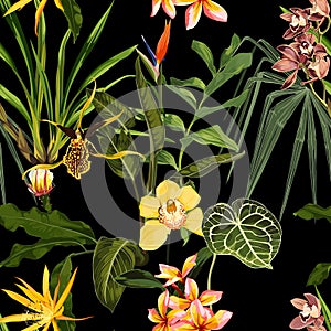 Bright seamless pattern with tropical yellow orhid flowers and leaves. Realistic style, hand drawn.