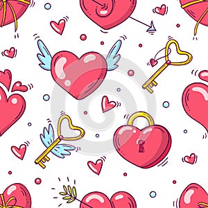 Bright seamless pattern with valentines day and love objects in doodle style on white background