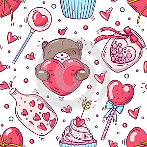 Bright seamless pattern with valentines day and love objects in doodle style on white background