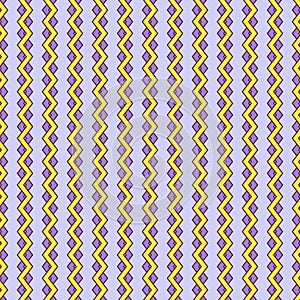 Bright seamless pattern of vertical yellow and purple zigzags, light lavender background