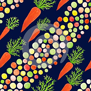 Bright seamless pattern with watercolor carrots for little girls, princesses, who like to play in the garden. Seamless pattern wit