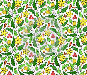 Bright seamless summer pattern, simple beautiful floral print. Yellow with orange flowers, green leaves, white background