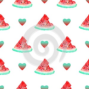 Bright seamless summer pattern of watermelon and heart. Modern hand drawn vector illustration isolated on white. For