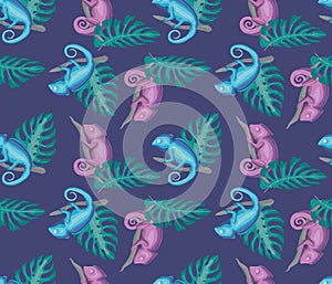 Bright seamless tropical pattern. Blue and lilac chameleons on dark under palm leaves.