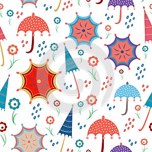 Bright seamless with umbrellas, flowers and spring rain, showers with living coral colours. april showers